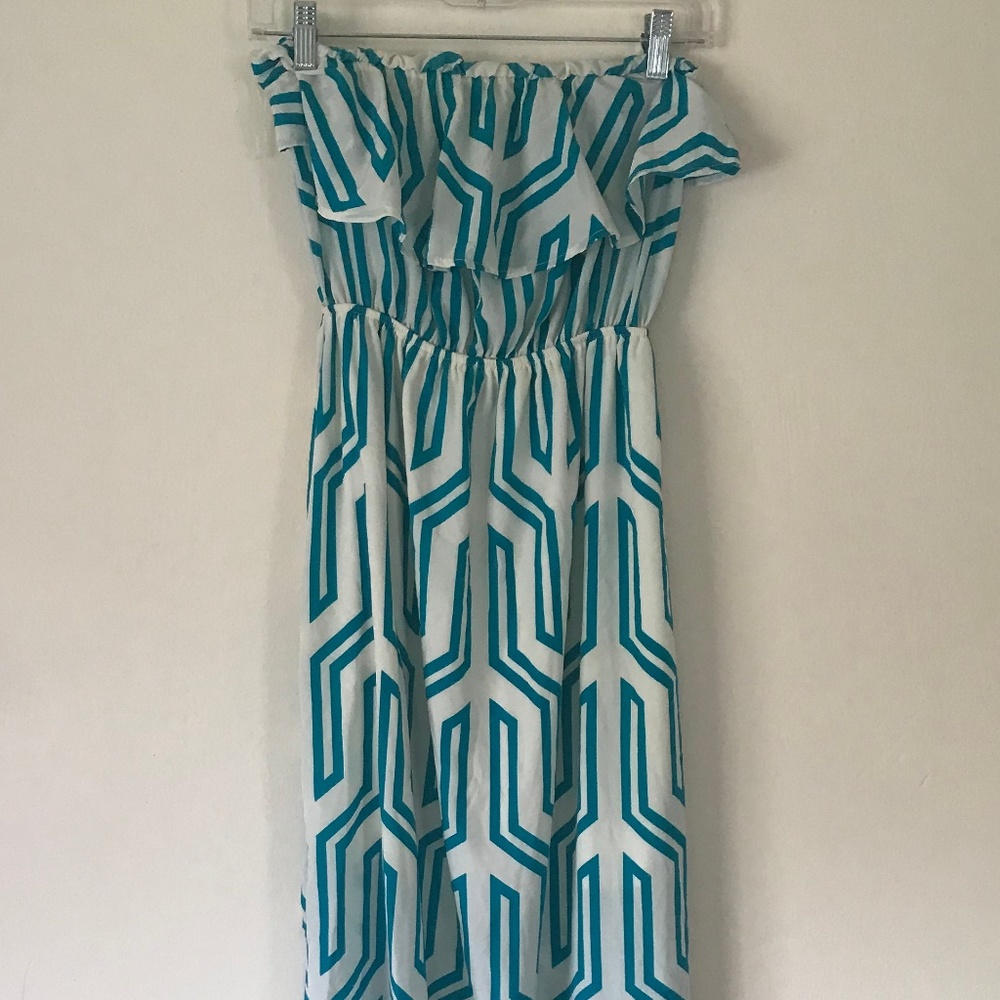 Teal and White Geo Maxi Strapless Dress Size 4 6